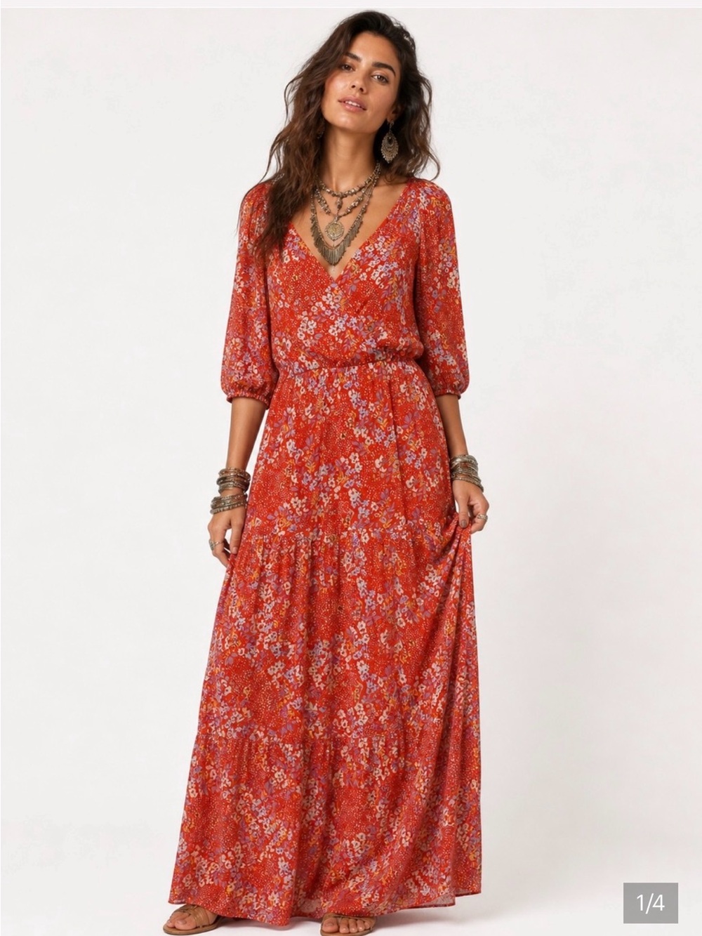 Luxology Red Floral Maxi Dress Sz M